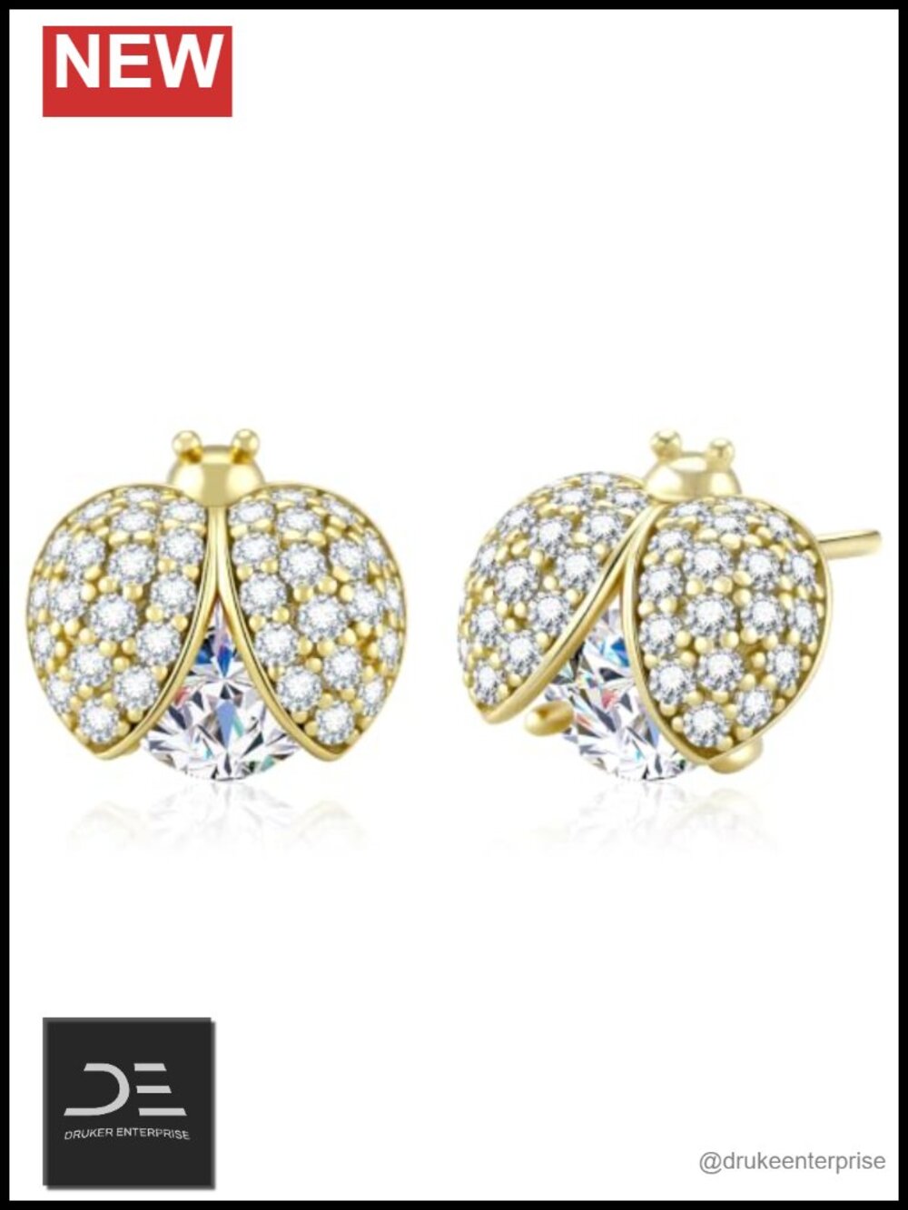 Moissanite Ladybug Stud Earrings 14K Gold Plated 925 Sterling Silver